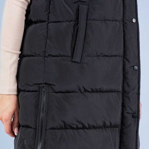 HIgh Collar Sleeveless Puffer Vest with Adjustable Drawstring Hood Fur Lined - Picture 4 of 8